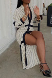 Pink Casual Striped Print Patchwork Buckle Turndown Collar Shirt Dress Dresses