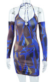 Blue Sexy Print Hollowed Out Patchwork Halter Pencil Skirt Dresses