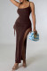 Coffee Sexy Solid Patchwork Draw String Slit Fold Spaghetti Strap Straight Dresses