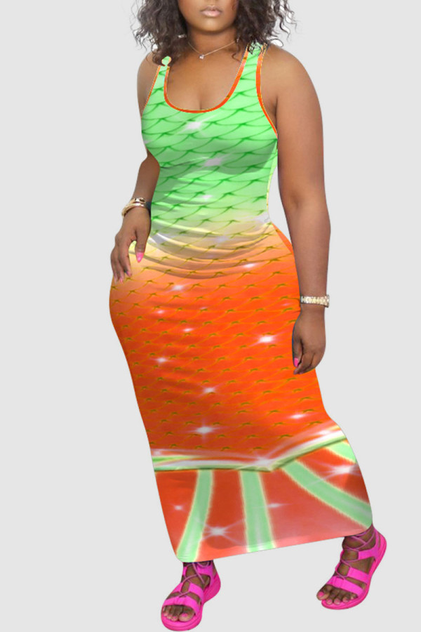 Orange Green Casual Print Patchwork U Neck Vest Dress Dresses
