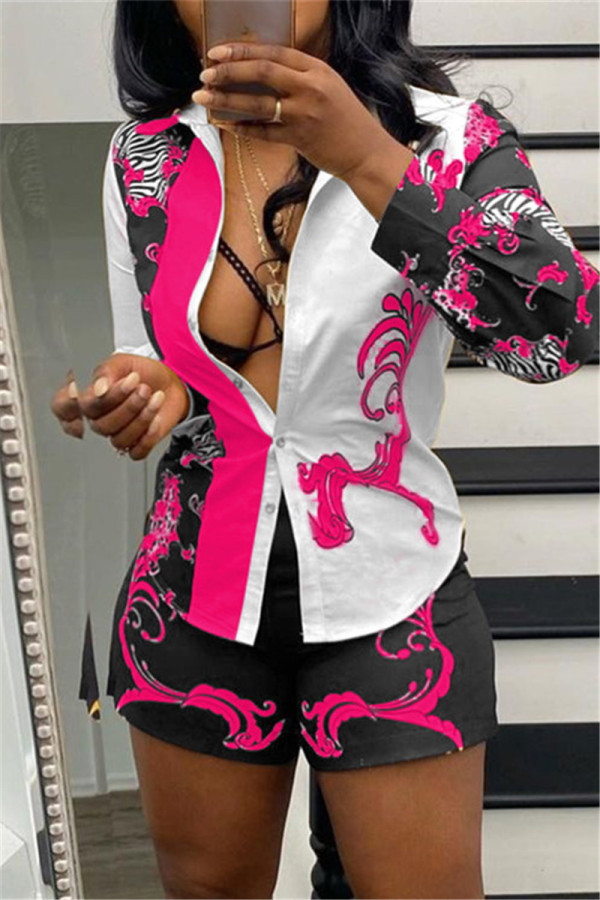 Rose Red Fashion Casual Print Patchwork Turndown Collar Long Sleeve Two Pieces