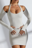 White Sexy Solid Patchwork U Neck Pencil Skirt Dresses