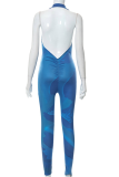 Blue Sexy Print Patchwork Halter Skinny Jumpsuits