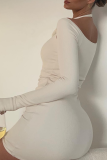 White Sexy Solid Patchwork U Neck Pencil Skirt Dresses