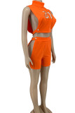 Tangerine Red Sexy Solid Embroidered Hollowed Out Patchwork Half A Turtleneck Sleeveless Two Pieces