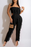 Blue Sexy Solid Patchwork Flounce Strapless Sleeveless Two Pieces