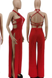 Red Sexy Print Patchwork Slit O Neck Straight Jumpsuits