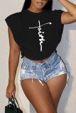 Blue Casual Street Print Bandage Hollowed Out Patchwork O Neck T-Shirts