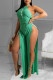 Water Blue Sexy Print Patchwork Slit O Neck Straight Jumpsuits