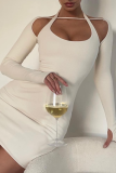 White Sexy Solid Patchwork U Neck Pencil Skirt Dresses