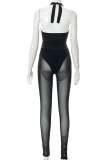 Black Sexy Solid Mesh Halter Sleeveless Two Pieces