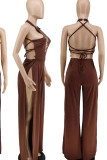 Red Sexy Print Patchwork Slit O Neck Straight Jumpsuits