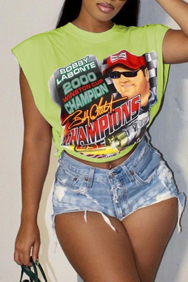 Green Sexy Street Print Patchwork O Neck T-Shirts