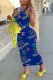 Blue Fashion Street Print Letter V Neck One Step Skirt Dresses