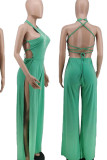 Red Sexy Print Patchwork Slit O Neck Straight Jumpsuits