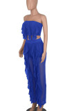 Blue Sexy Solid Patchwork Flounce Strapless Sleeveless Two Pieces