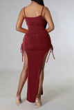 Coffee Sexy Solid Patchwork Draw String Slit Fold Spaghetti Strap Straight Dresses