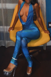 Blue Sexy Print Patchwork Halter Skinny Jumpsuits