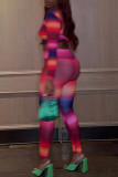Colour Sexy Striped Print Patchwork O Neck Long Sleeve Two Pieces