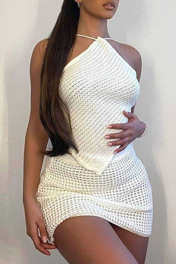 White Sexy Solid Patchwork Halter Sleeveless Two Pieces