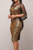 Gold Casual Solid Make Old Patchwork See-through O Neck One Step Skirt Dresses