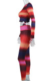 Colour Sexy Striped Print Patchwork O Neck Long Sleeve Two Pieces