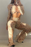 Red Sexy Print Bandage Hollowed Out Patchwork Long Sleeve Two Pieces