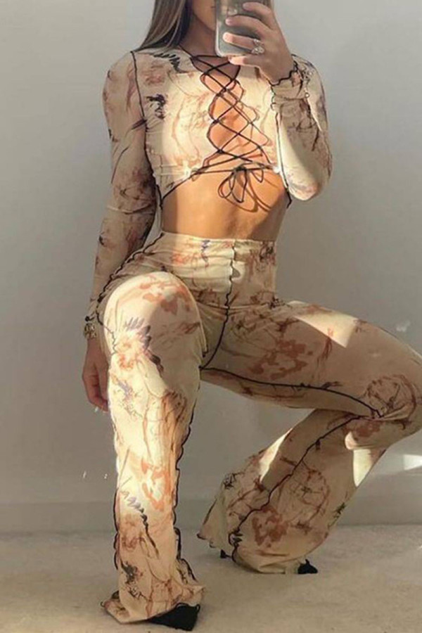 Apricot Sexy Print Bandage Hollowed Out Patchwork Long Sleeve Two Pieces