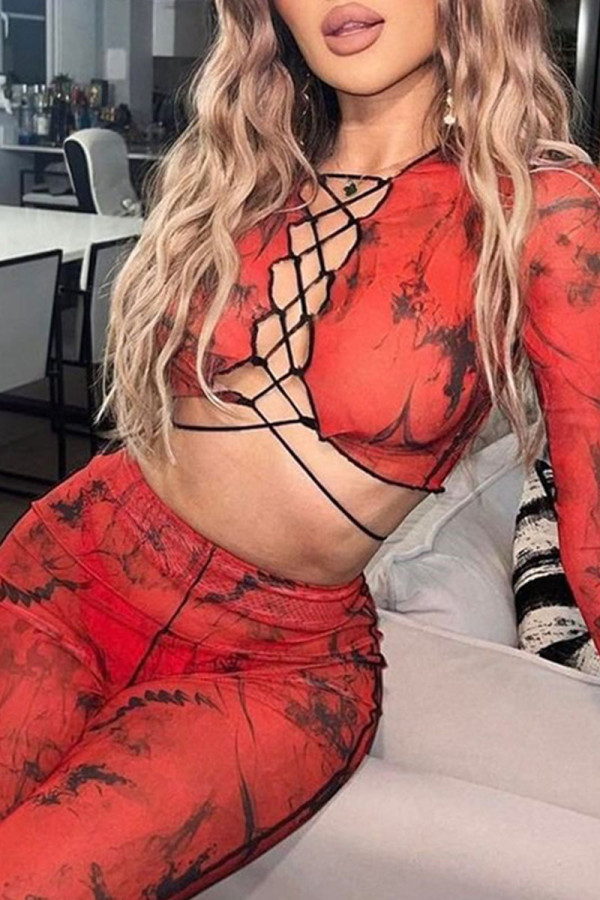 Red Sexy Print Bandage Hollowed Out Patchwork Long Sleeve Two Pieces