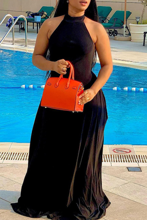 Black Fashion Solid Patchwork Halter Loose Jumpsuits