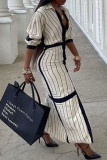 Pink Casual Striped Print Patchwork Buckle Turndown Collar Shirt Dress Dresses