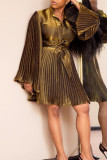 Gold Casual Solid Patchwork Buckle Fold A Line Dresses