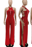 Red Sexy Print Patchwork Slit O Neck Straight Jumpsuits