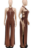 Red Sexy Print Patchwork Slit O Neck Straight Jumpsuits