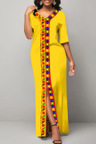 Yellow Casual Print Split Joint Slit V Neck Straight Dresses
