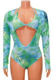 Green Sexy Print Bandage Split Joint V Neck Long Sleeve Two Pieces