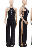 Red Sexy Print Patchwork Slit O Neck Straight Jumpsuits