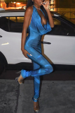 Blue Sexy Print Patchwork Halter Skinny Jumpsuits