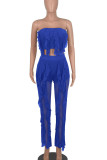 Blue Sexy Solid Patchwork Flounce Strapless Sleeveless Two Pieces