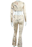Red Sexy Print Bandage Hollowed Out Patchwork Long Sleeve Two Pieces