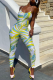 Yellow Sexy Patchwork Tie-dye Spaghetti Strap Jumpsuits