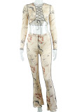 Red Sexy Print Bandage Hollowed Out Patchwork Long Sleeve Two Pieces