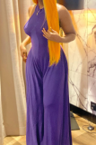 Purple Fashion Solid Patchwork Halter Loose Jumpsuits