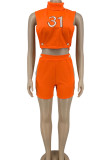 Tangerine Red Sexy Solid Embroidered Hollowed Out Patchwork Half A Turtleneck Sleeveless Two Pieces