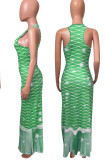 Green Casual Print Patchwork U Neck Vest Dress Dresses
