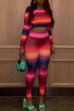 Colour Sexy Striped Print Patchwork O Neck Long Sleeve Two Pieces
