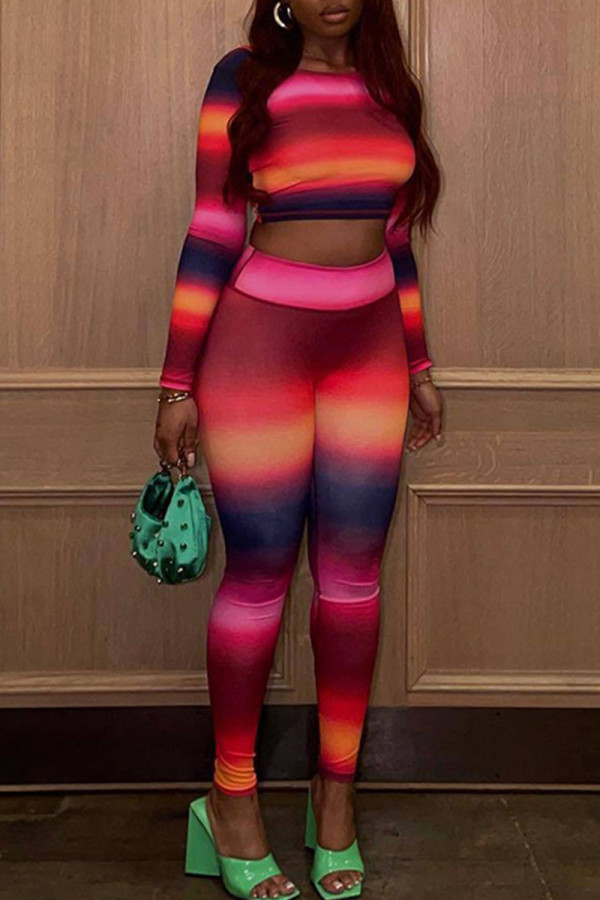 Colour Sexy Striped Print Patchwork O Neck Long Sleeve Two Pieces