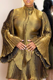 Gold Casual Solid Patchwork Buckle Fold A Line Dresses
