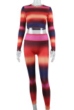 Colour Sexy Striped Print Patchwork O Neck Long Sleeve Two Pieces