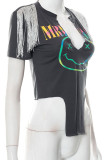 Grey Sexy Street Print Tassel Patchwork Slit Asymmetrical O Neck T-Shirts
